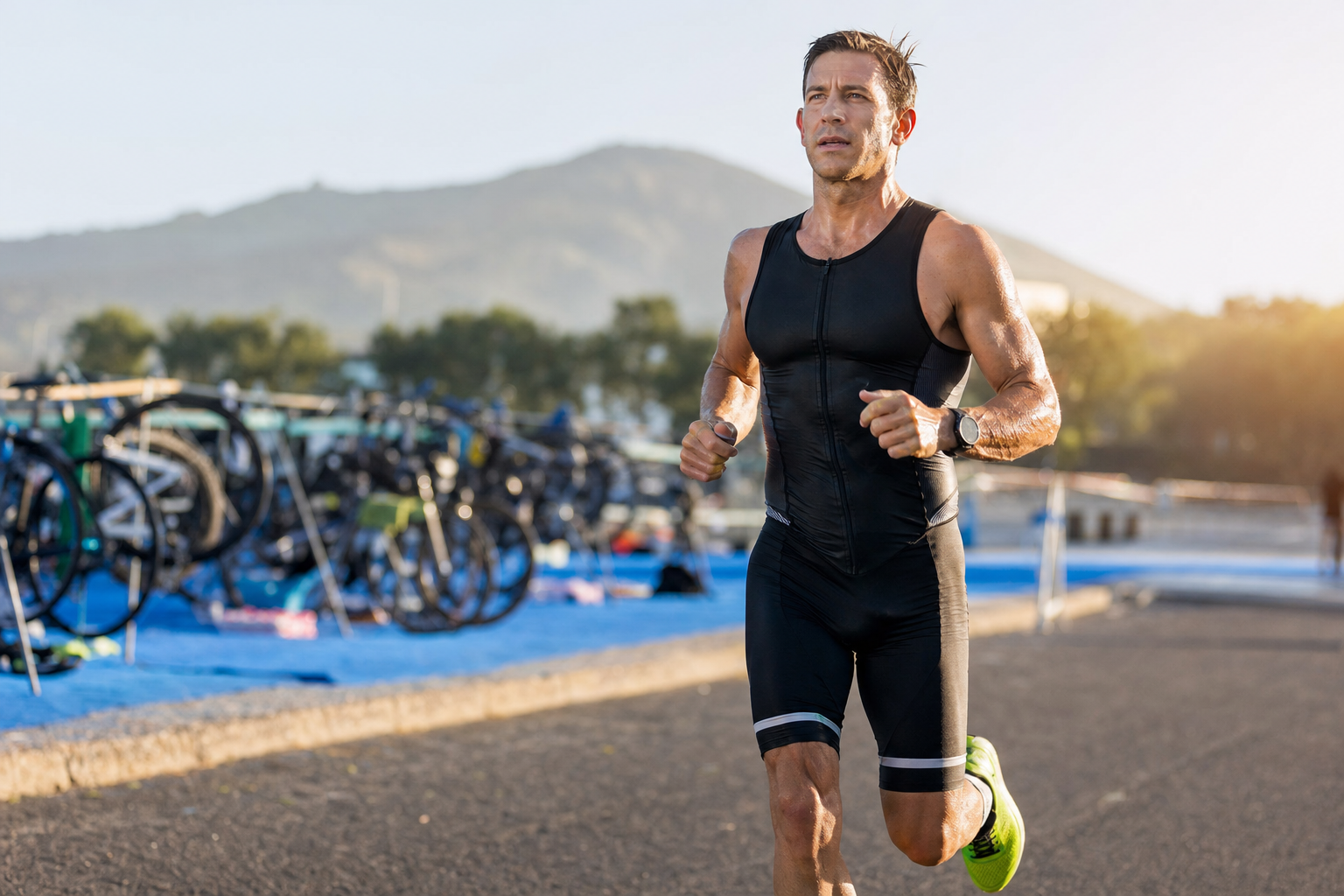 Triathlet in konzentrierter Rennphase