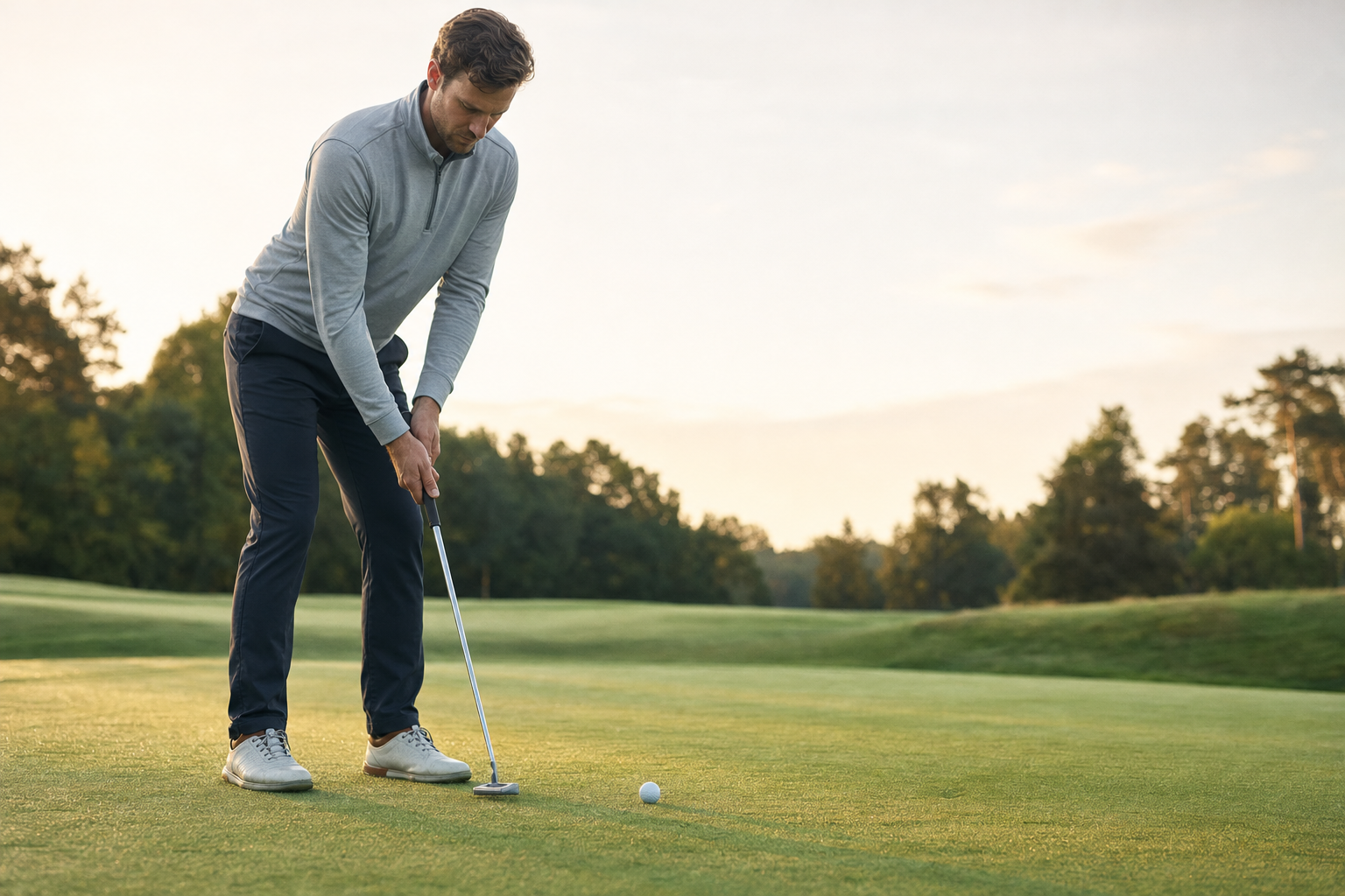 Golfer kurz vor dem Abschlag mit ruhigem Fokus