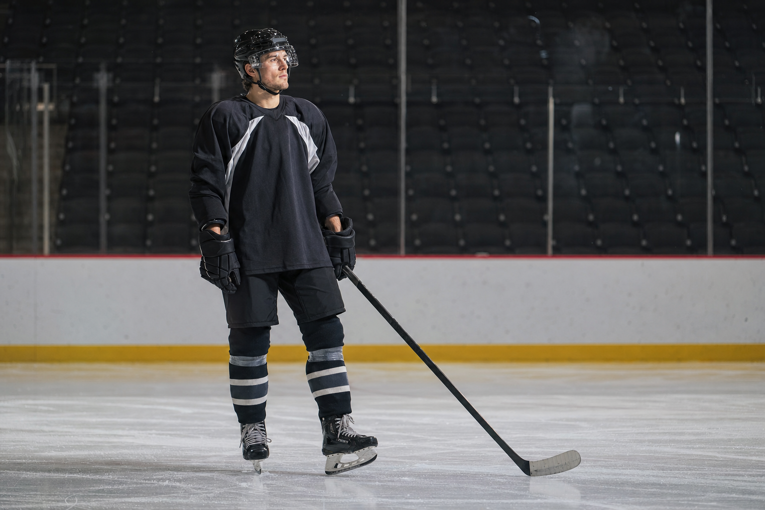 Eishockeyspieler vor dem Bully mit konzentriertem Blick